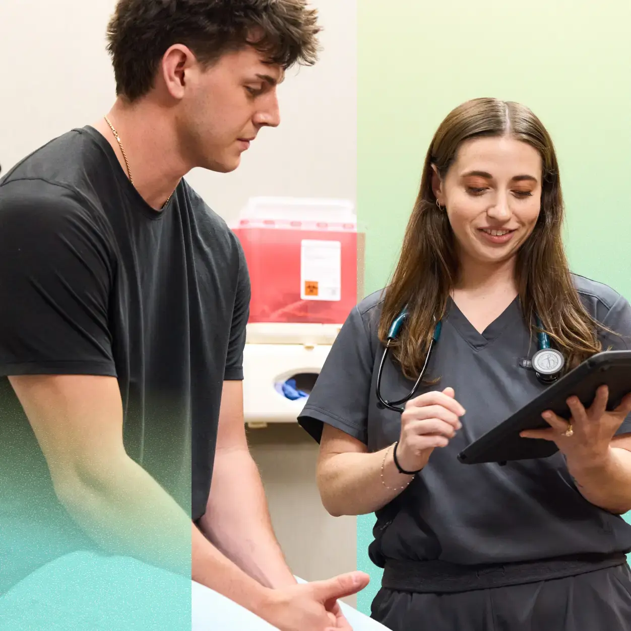 Male patient listening to a female doctor in a clinical setting.