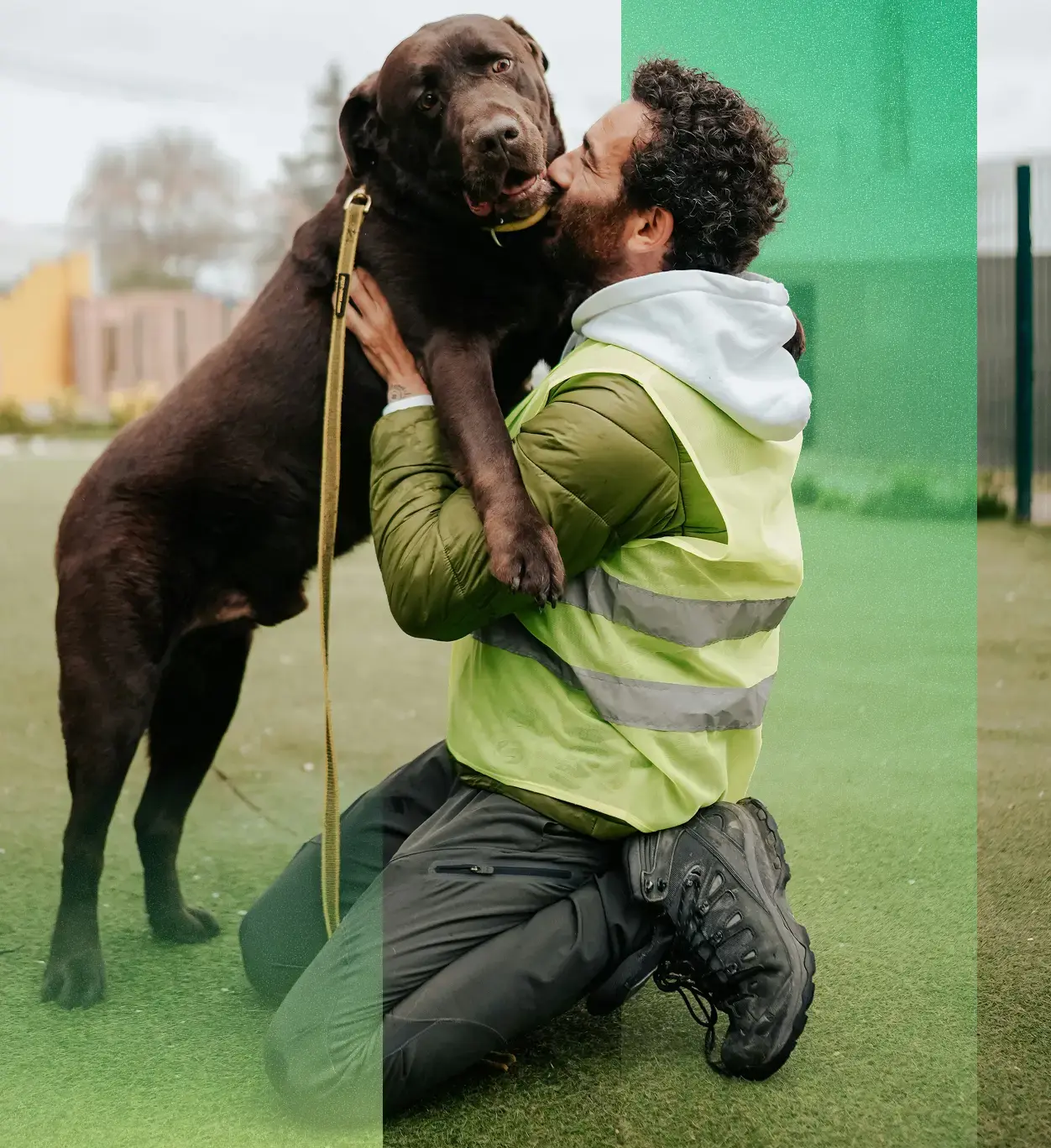 Man playing with his dog outdoors.