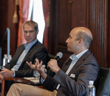 Justin Bekelman, M.D., co-founder and CEO of Daymark Health, and Nirav Vakharia, M.D., chief operating officer of Marathon Health, participate in a strategic panel discussion on stage in Pennsylvania.