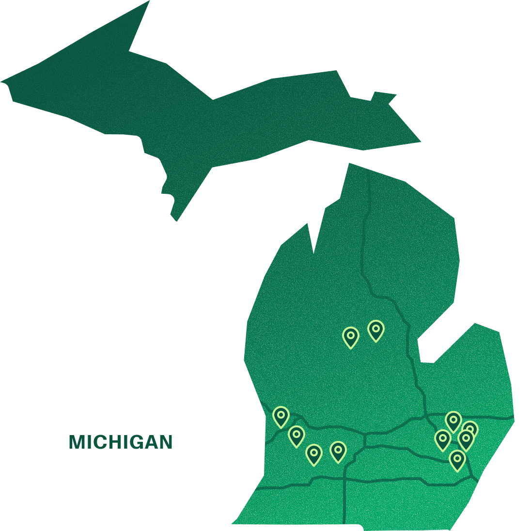 Map of Marathon Health's network health centers in Michigan.
