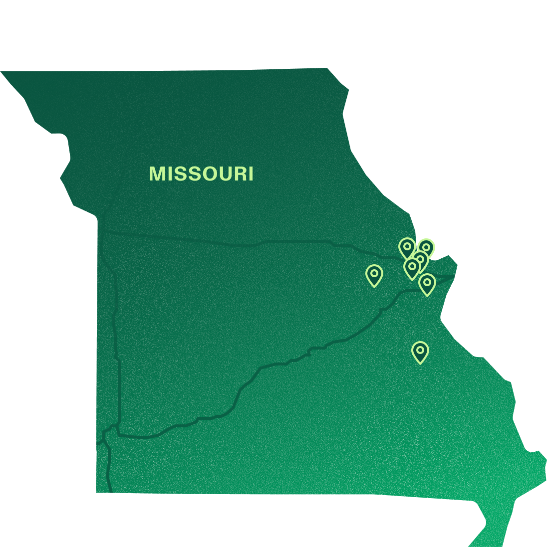 Map of Marathon Health network health centers in Missouri.