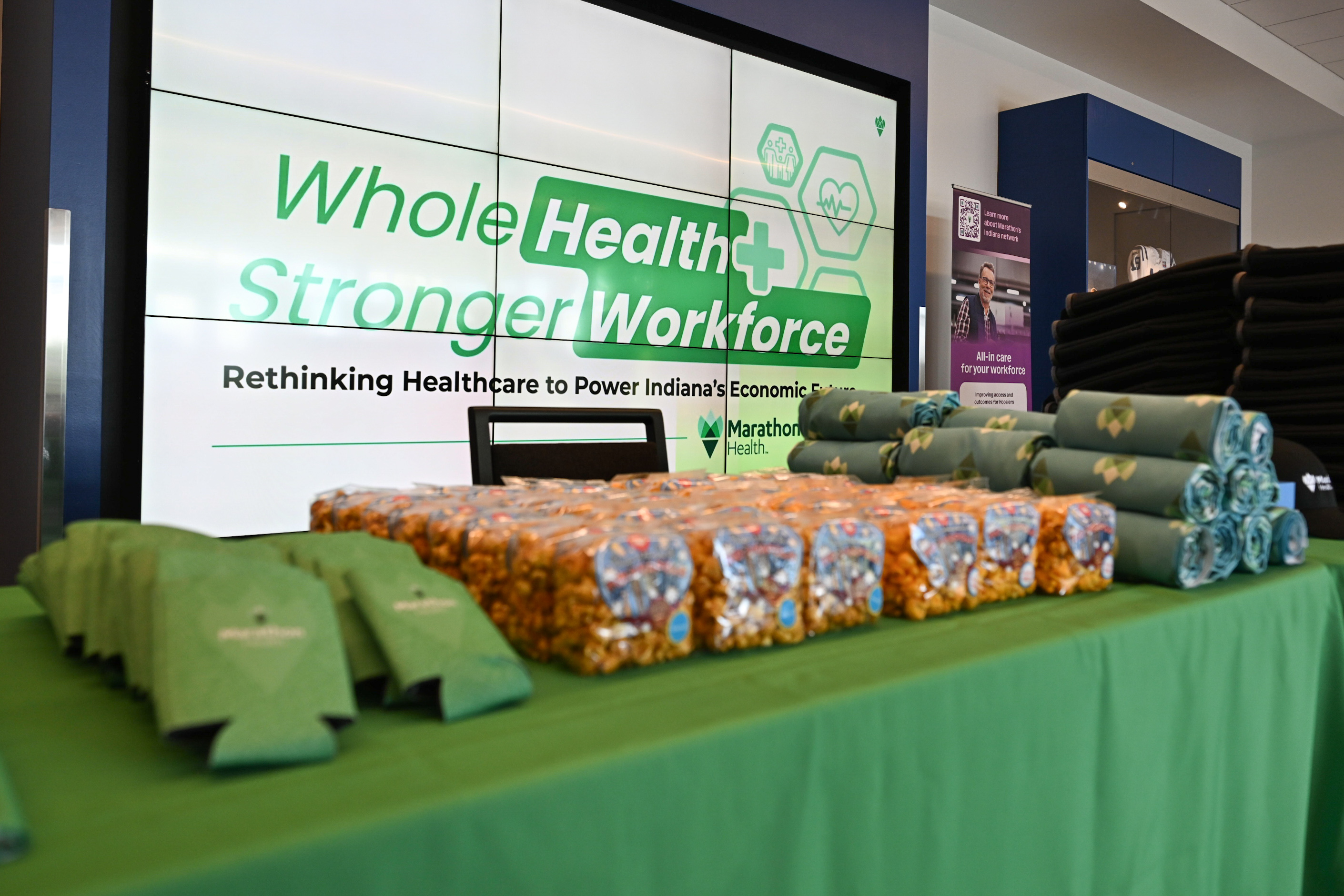 Whole Health, Stronger Workforce event display at the Indiana Farm Bureau Football Center.