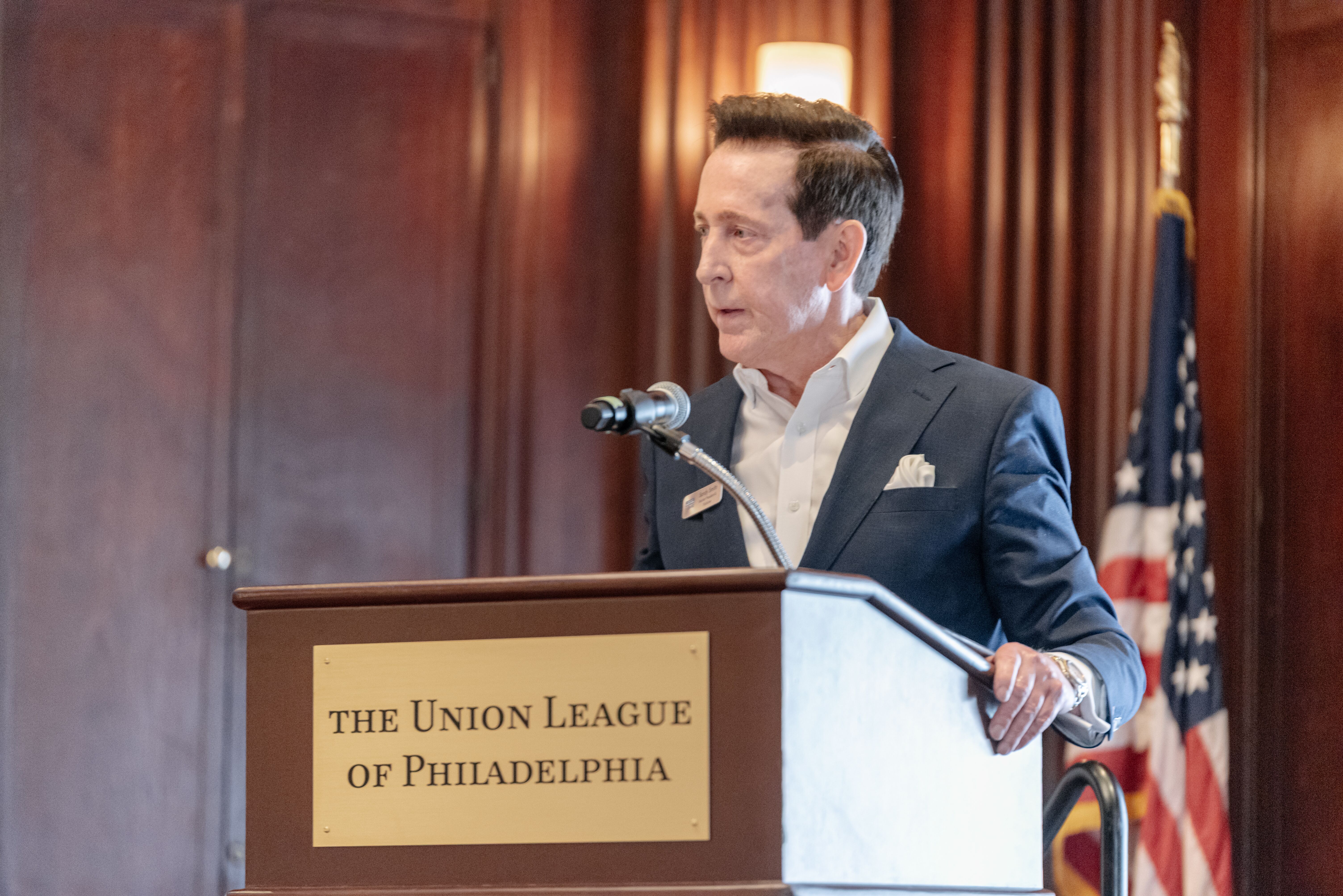 Sandy Smith addresses attendees at the Marathon Health Philadelphia cornerstone event.