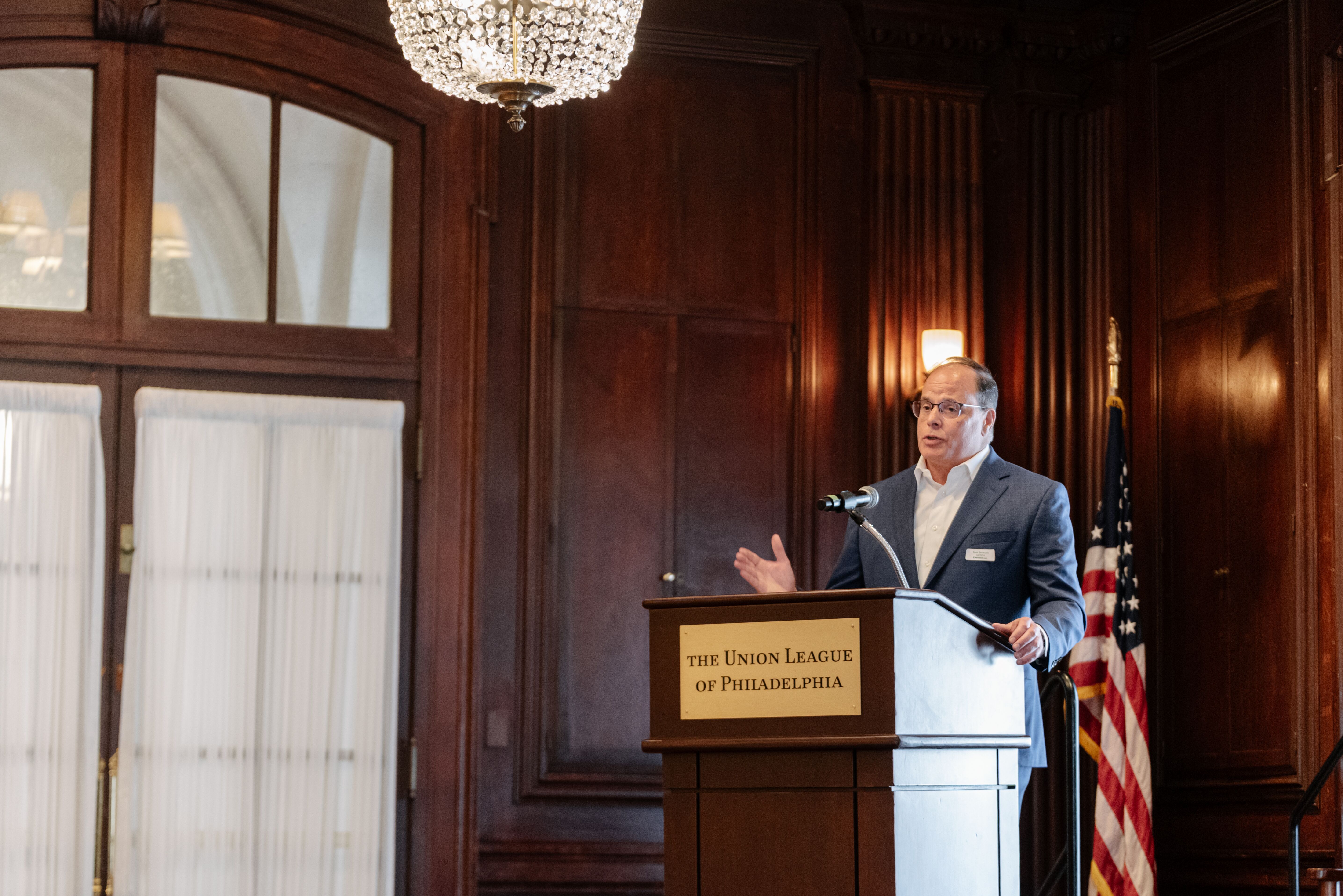 Tom Belmont speaks on workforce health at the Marathon Health Philadelphia cornerstone event.