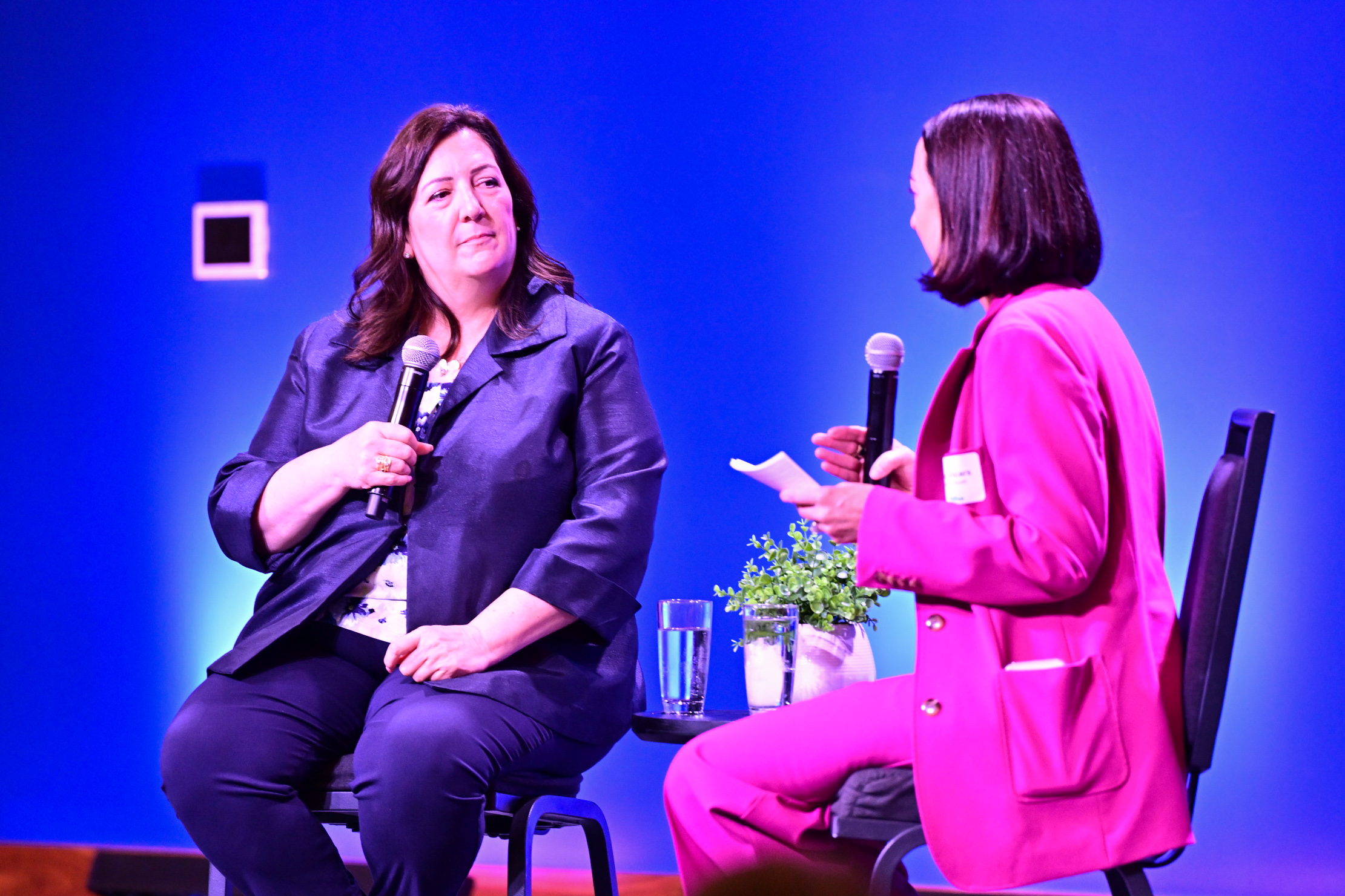 Mayor Sue Finkam and Katie Vicars participate in a moderated discussion at the Indiana roundtable.
