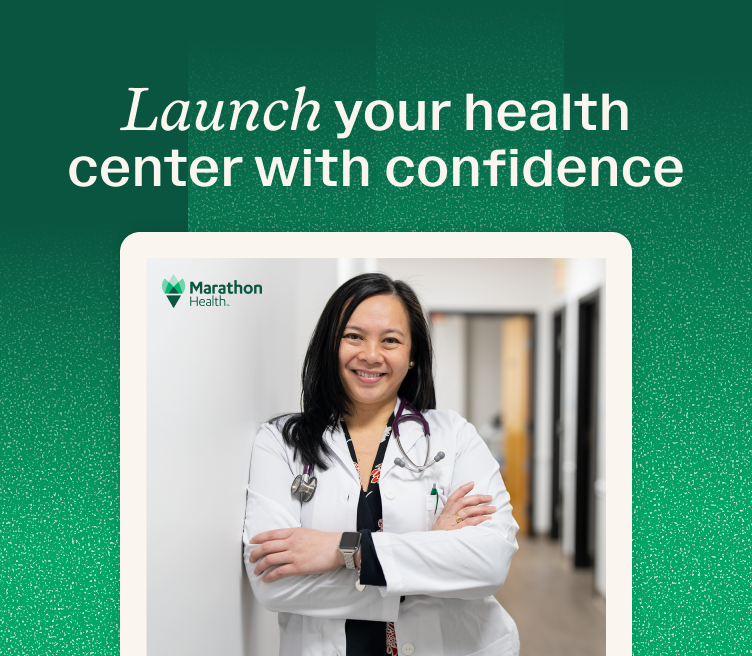Launch your health center with confidence — guide to implementing an employee health center, featuring a smiling Marathon Health physician.
