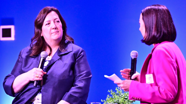 Mayor Sue Finkam and Katie Vicars participate in a moderated discussion at the Indiana roundtable.