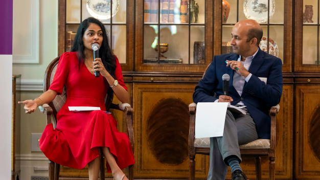 Dimple Ajmera and Dr. Nirav Vakharia in conversation at the Charlotte roundtable.