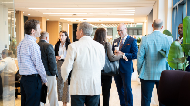 Nick Fortine networks with attendees at the Marathon Health Ohio roundtable.