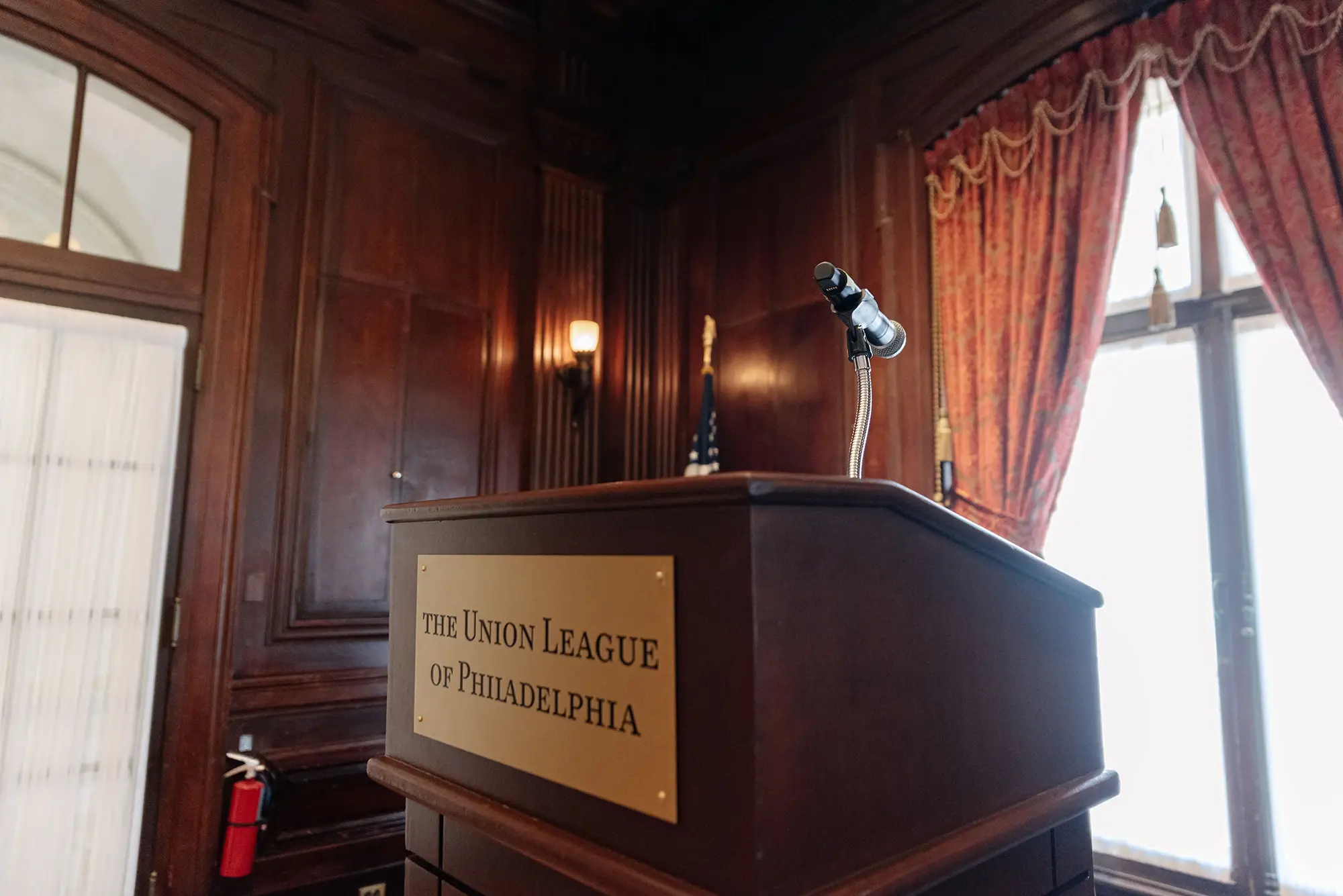 Podium signage inside The Union League of Philadelphia.