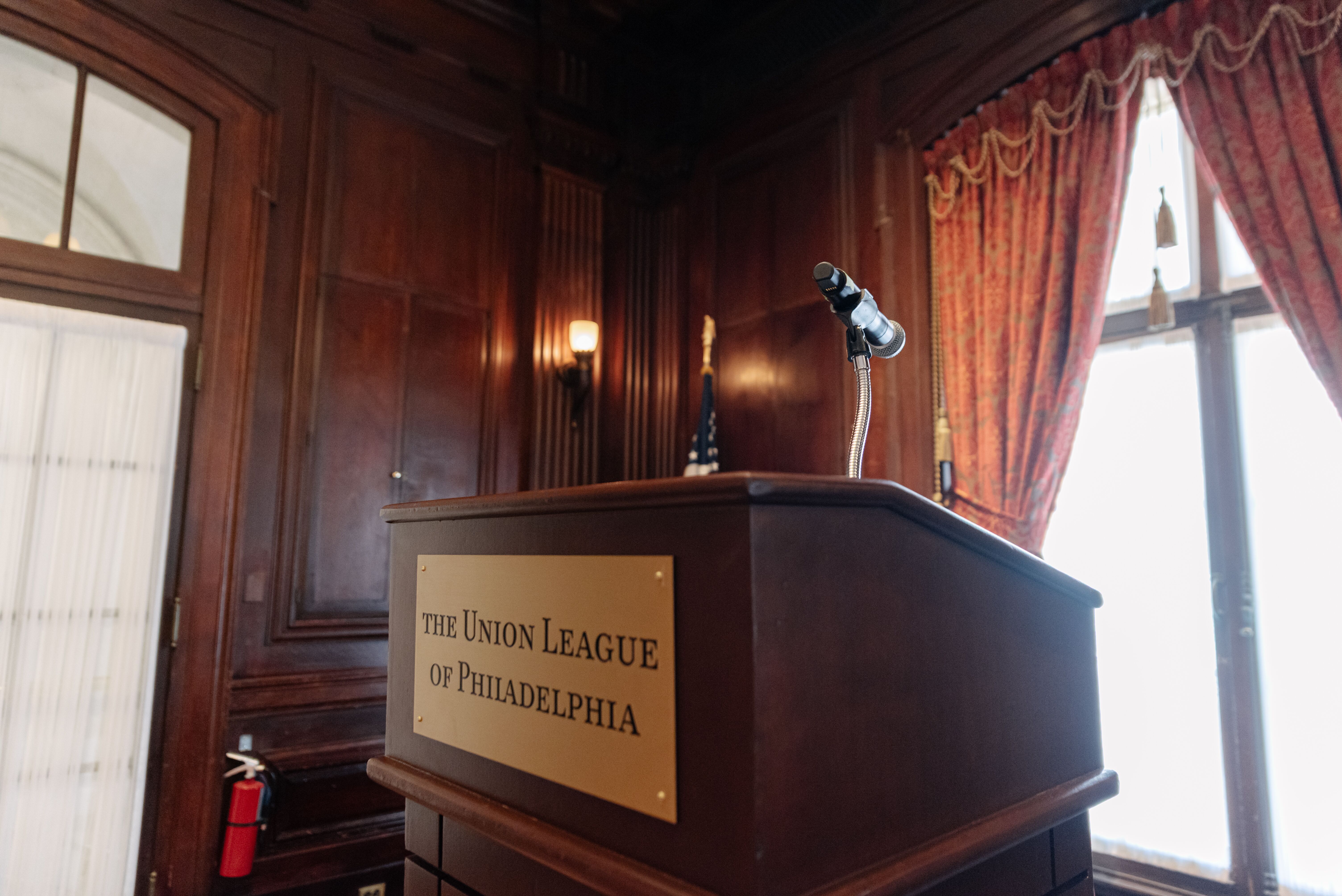 Podium signage inside The Union League of Philadelphia.