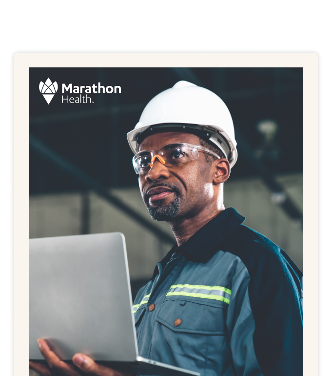 Report cover with the Marathon Health logo: a worker in a white hard hat and safety glasses holding a laptop