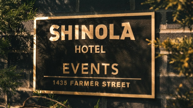Shinola Hotel Events sign, venue for Marathon Health's Michigan Roundtable.